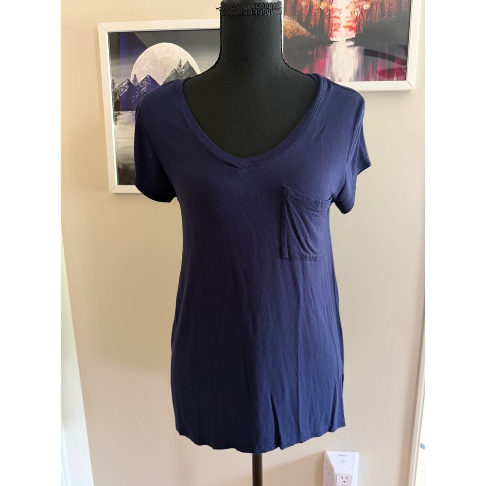 Cable & Gauge Womens Navy Blue V-Neck Short Sleeve Pocket T-Shirt Tunic Small